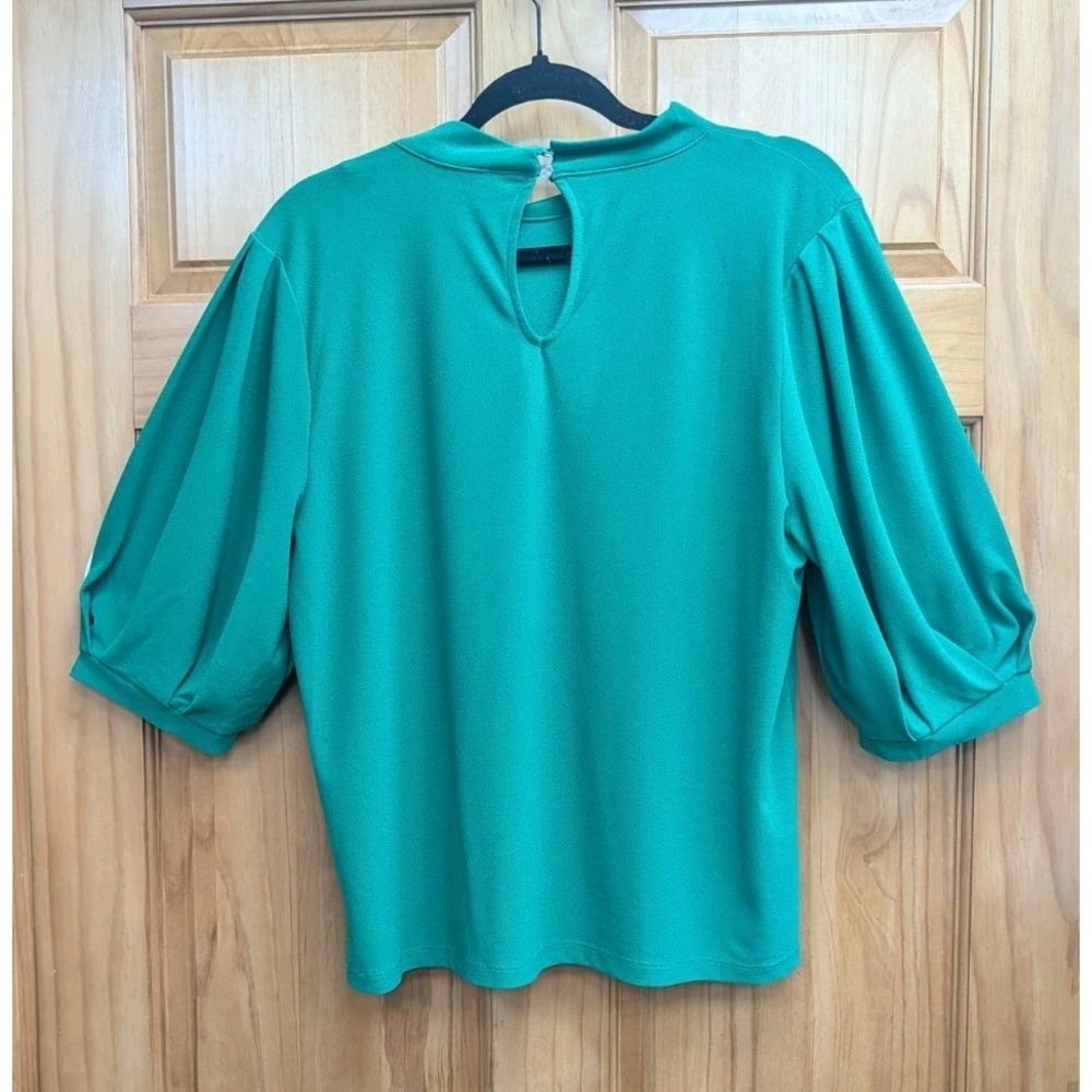 CeCe Women's Large Top Kelly Green Short Puffy Sleeves Stretchy Workwear Blouse